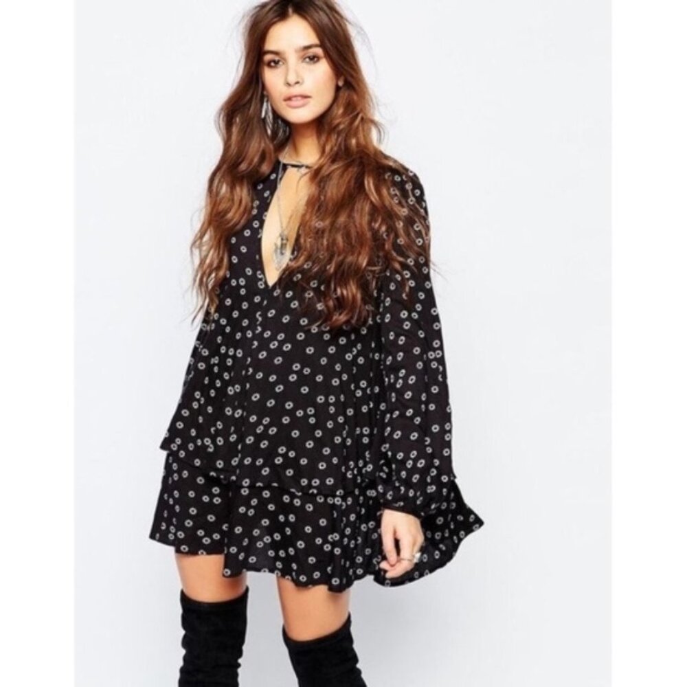 FREE PEOPLE Black Print Rayon BECK Mini Dress S